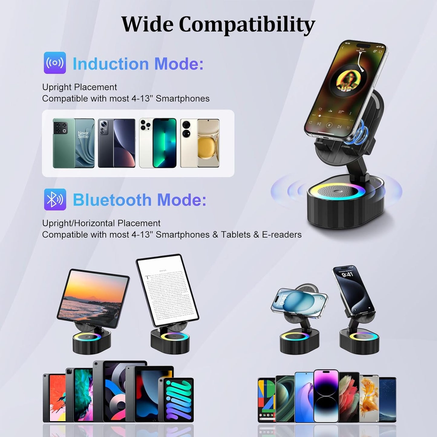 5-in-1 Induction Phone Speaker Stand with Wireless Music Playback, Charging Dock, Bluetooth Option & Colorful Ambient Light.