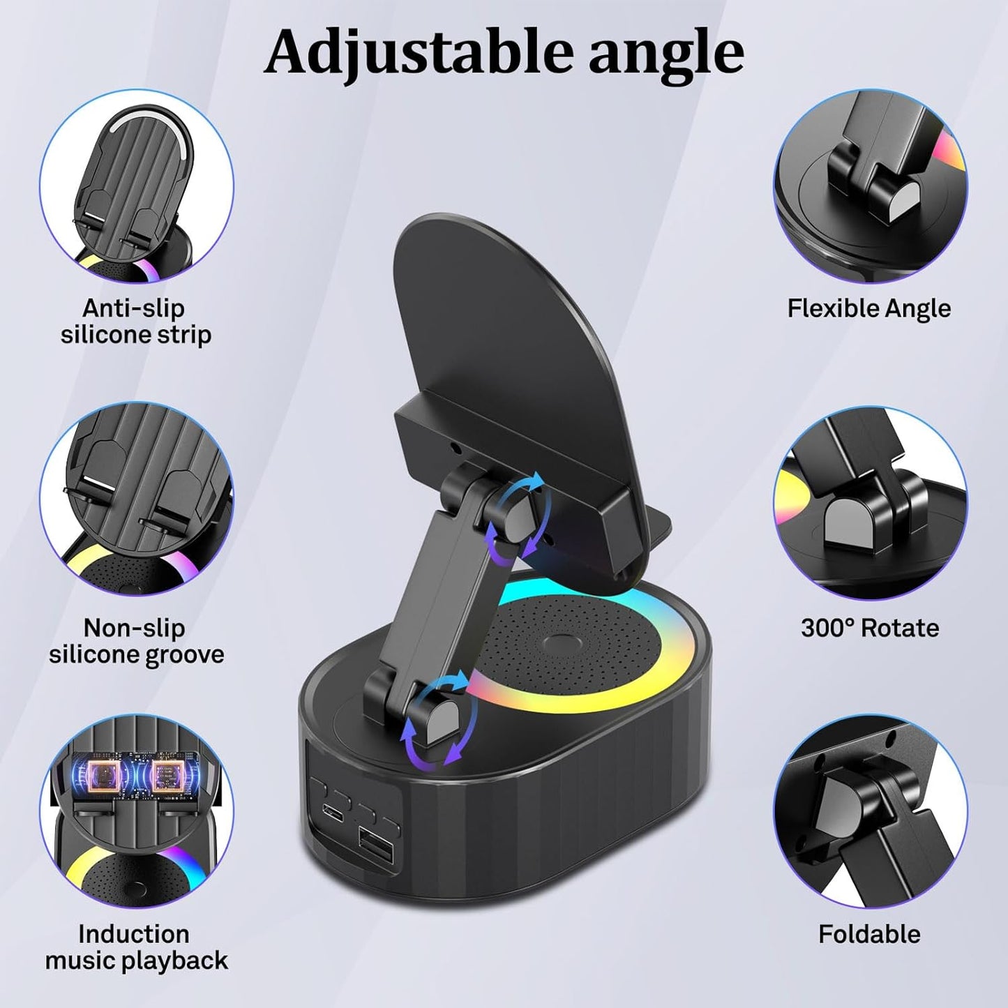 5-in-1 Induction Phone Speaker Stand with Wireless Music Playback, Charging Dock, Bluetooth Option & Colorful Ambient Light.