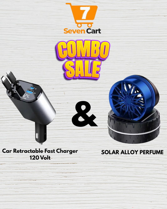 Car Fast Charger 120W with Retractable Cable + Solar Alloy Car Perfume Combo Premium | Dual USB & Type-C Output | Stylish Dashboard Fragrance