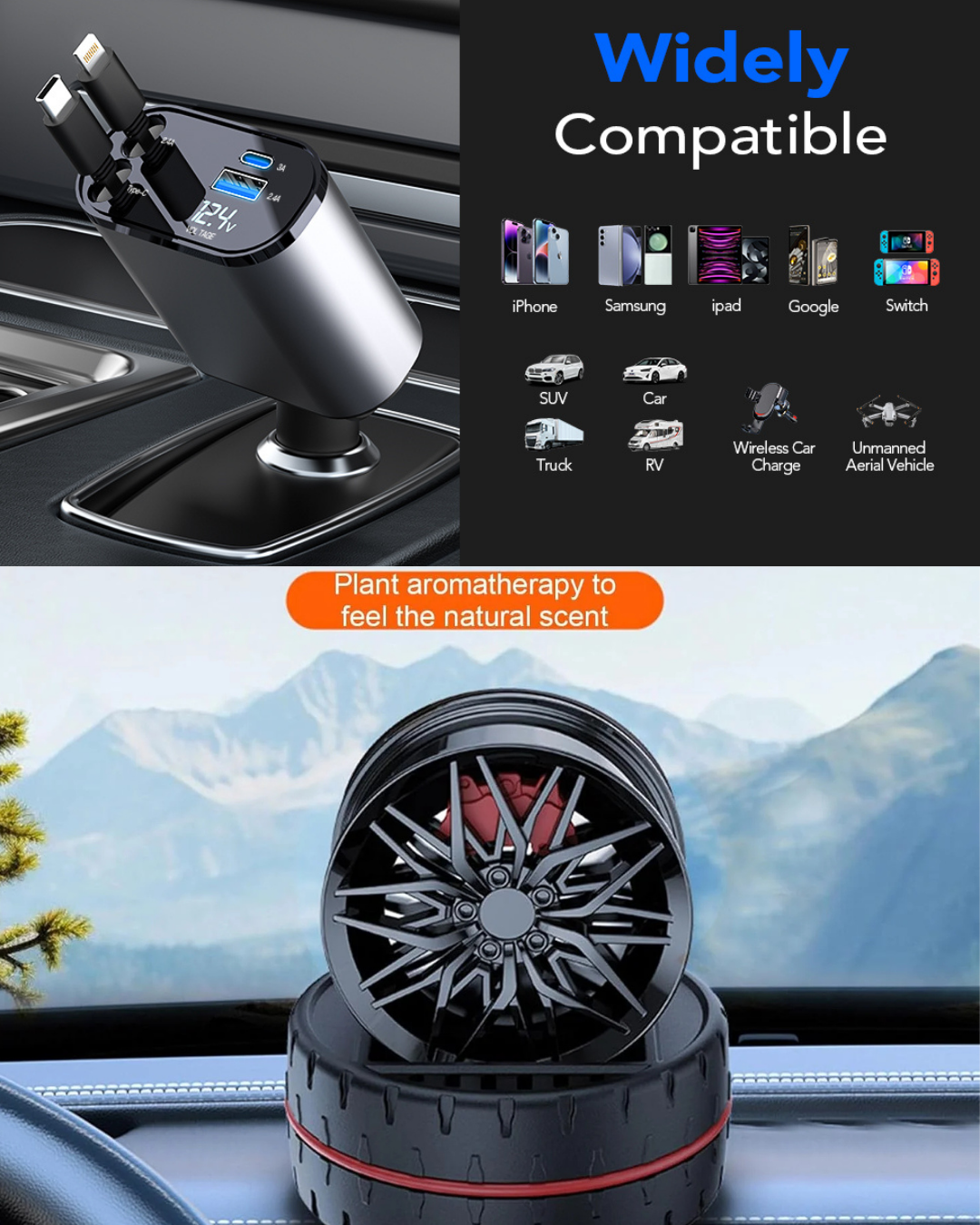 Car Fast Charger 120W with Retractable Cable + Solar Alloy Car Perfume Combo Premium | Dual USB & Type-C Output | Stylish Dashboard Fragrance