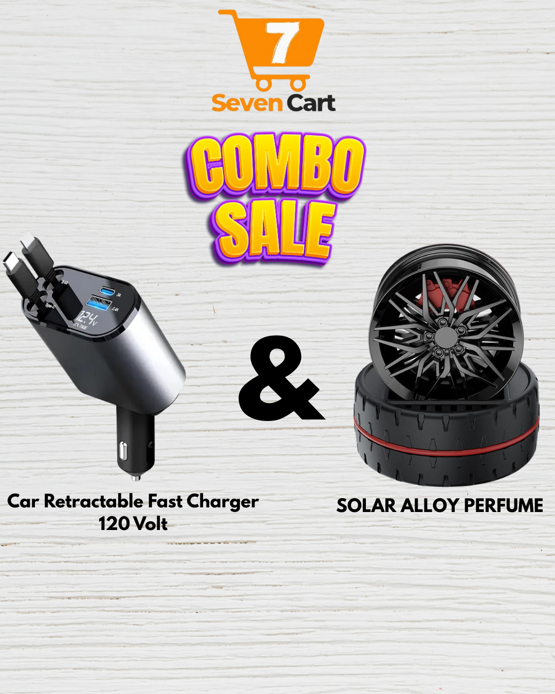 Car Fast Charger 120W with Retractable Cable + Solar Alloy Car Perfume Combo Premium | Dual USB & Type-C Output | Stylish Dashboard Fragrance