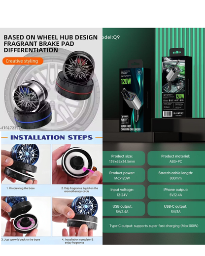 Car Fast Charger 120W with Retractable Cable + Solar Alloy Car Perfume Combo Premium | Dual USB & Type-C Output | Stylish Dashboard Fragrance