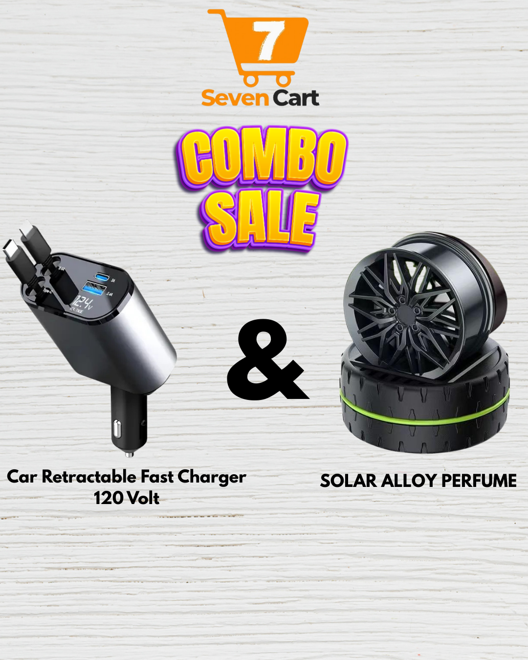 Car Fast Charger 120W with Retractable Cable + Solar Alloy Car Perfume Combo Premium | Dual USB & Type-C Output | Stylish Dashboard Fragrance
