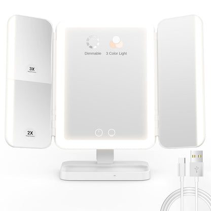 Trifold Makeup Mirror with Natural LED Lights, Touch Screen, Rechargeable, 3 Light Modes and Adjustable Brightness, Portable LED Travel Vanity Mirror.