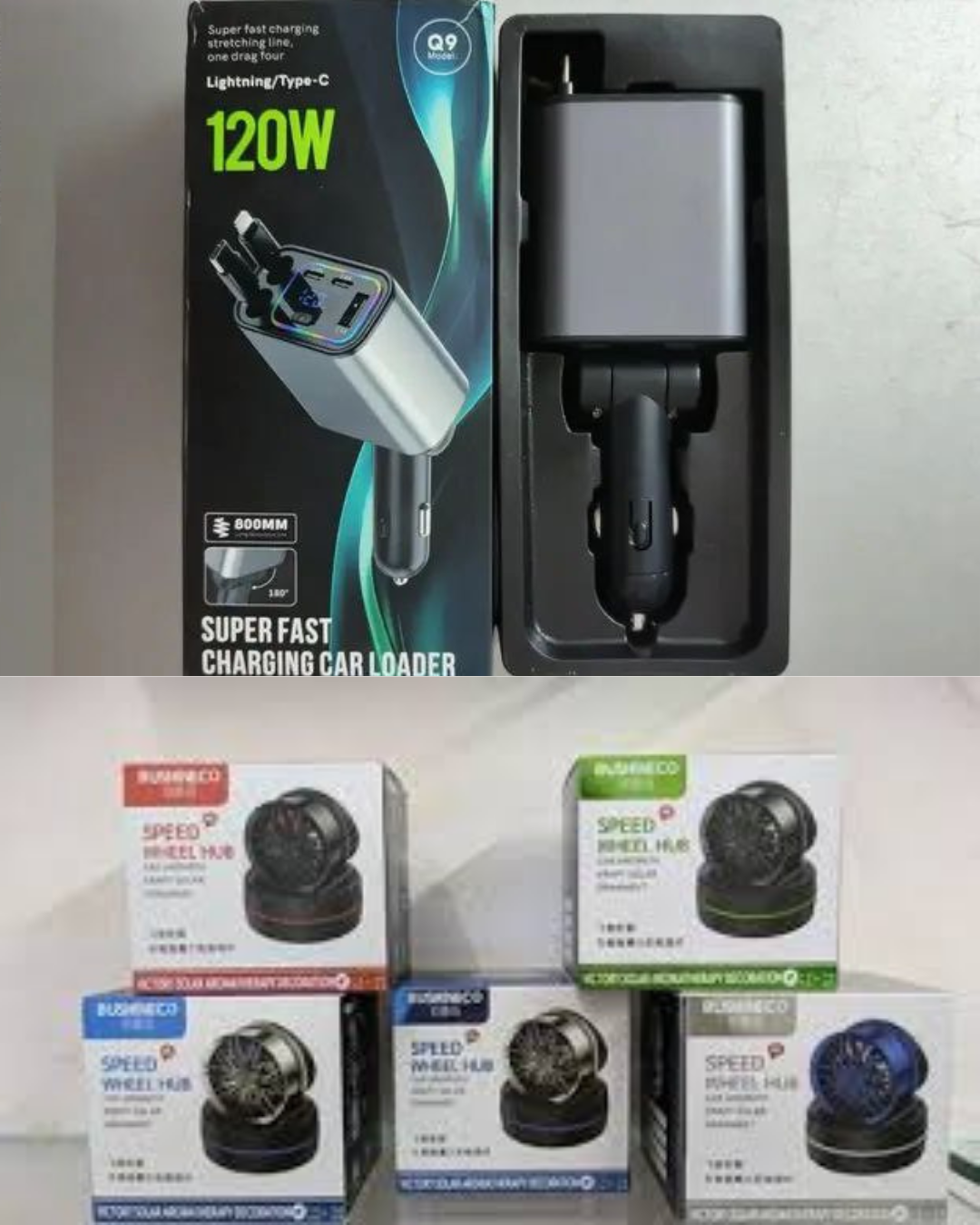 Car Fast Charger 120W with Retractable Cable + Solar Alloy Car Perfume Combo Premium | Dual USB & Type-C Output | Stylish Dashboard Fragrance