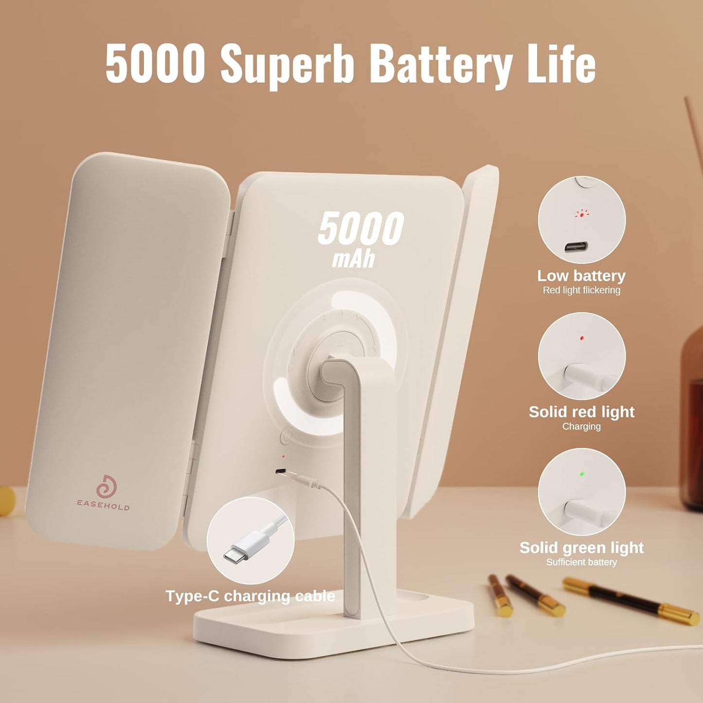 Trifold Makeup Mirror with Natural LED Lights, Touch Screen, Rechargeable, 3 Light Modes and Adjustable Brightness, Portable LED Travel Vanity Mirror.