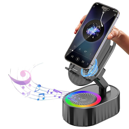 5-in-1 Induction Phone Speaker Stand with Wireless Music Playback, Charging Dock, Bluetooth Option & Colorful Ambient Light.