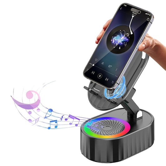 5-in-1 Induction Phone Speaker Stand with Wireless Music Playback, Charging Dock, Bluetooth Option & Colorful Ambient Light.