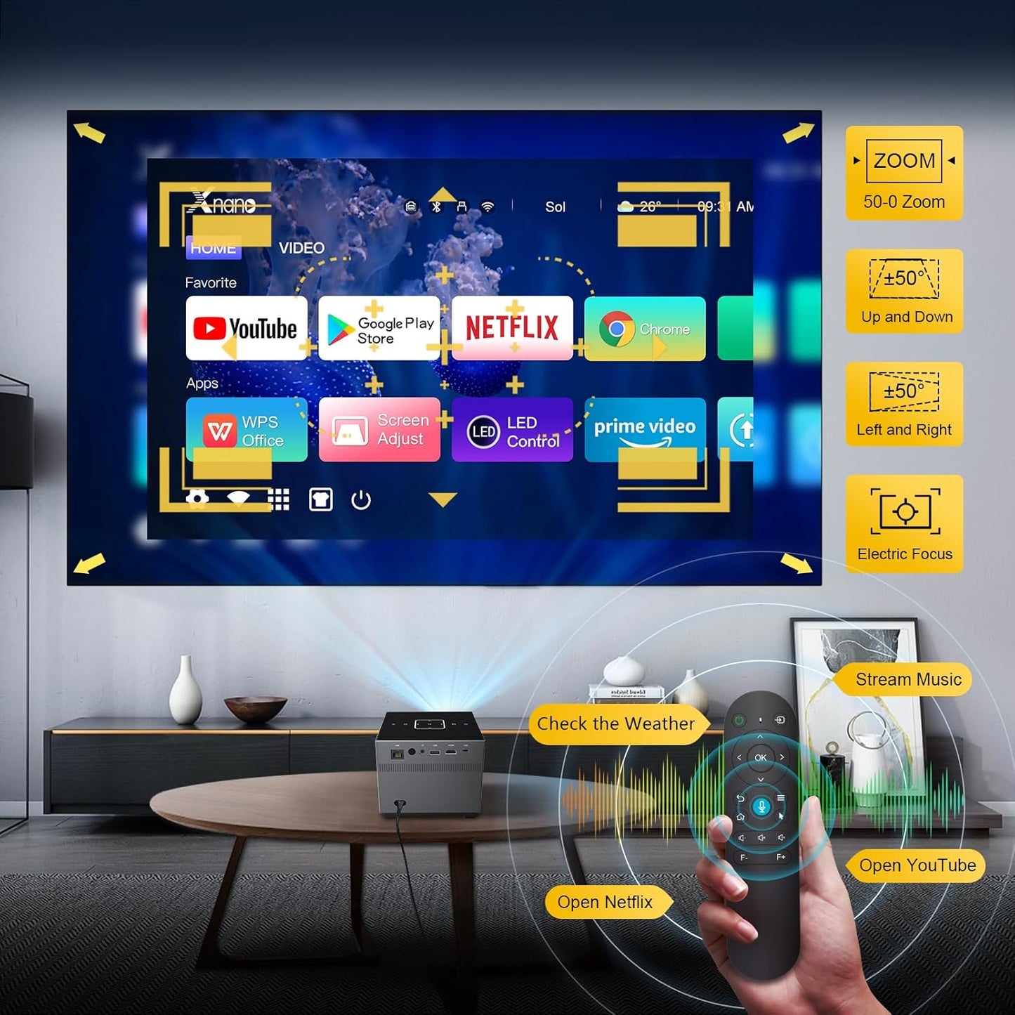 XNANO 4K Support Projector with WiFi6 and Bluetooth 5.0,Full HD 1080P Home Theater Projector,with Smart Voice Assistant,Projector 4D/4P Keystone Correction