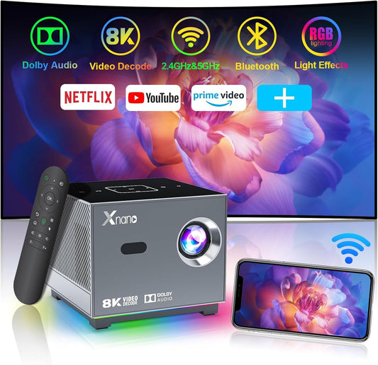 XNANO 4K Support Projector with WiFi6 and Bluetooth 5.0,Full HD 1080P Home Theater Projector,with Smart Voice Assistant,Projector 4D/4P Keystone Correction