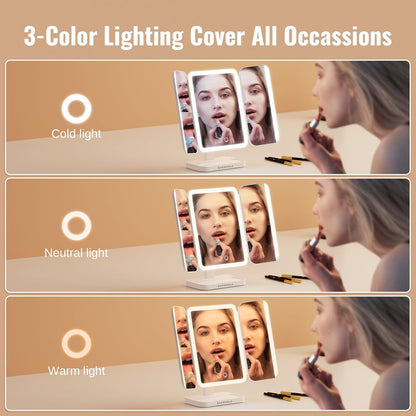 Trifold Makeup Mirror with Natural LED Lights, Touch Screen, Rechargeable, 3 Light Modes and Adjustable Brightness, Portable LED Travel Vanity Mirror.
