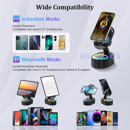 5-in-1 Induction Phone Speaker Stand with Wireless Music Playback, Charging Dock, Bluetooth Option & Colorful Ambient Light.