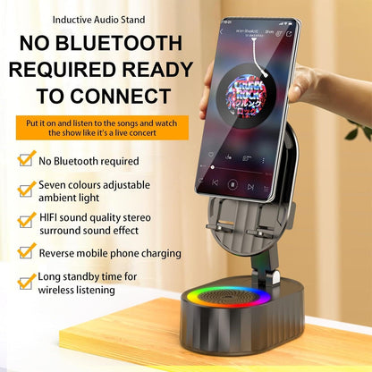 5-in-1 Induction Phone Speaker Stand with Wireless Music Playback, Charging Dock, Bluetooth Option & Colorful Ambient Light.