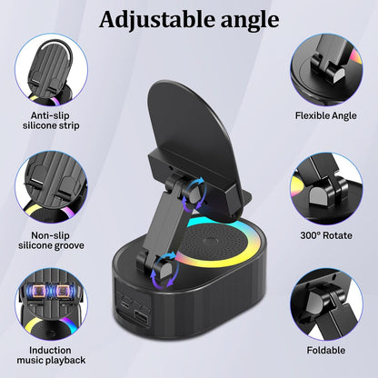 5-in-1 Induction Phone Speaker Stand with Wireless Music Playback, Charging Dock, Bluetooth Option & Colorful Ambient Light.