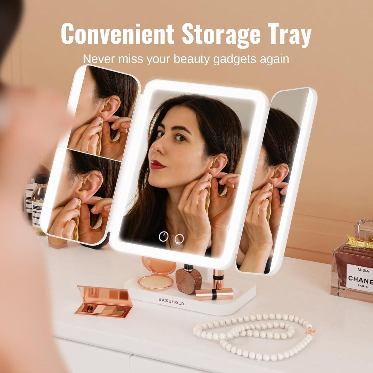 Trifold Makeup Mirror with Natural LED Lights, Touch Screen, Rechargeable, 3 Light Modes and Adjustable Brightness, Portable LED Travel Vanity Mirror.