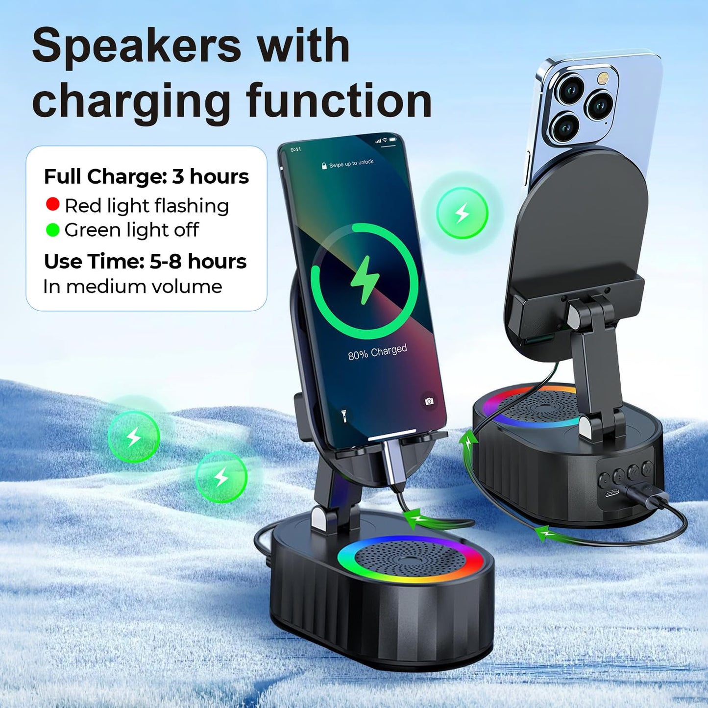 5-in-1 Induction Phone Speaker Stand with Wireless Music Playback, Charging Dock, Bluetooth Option & Colorful Ambient Light.