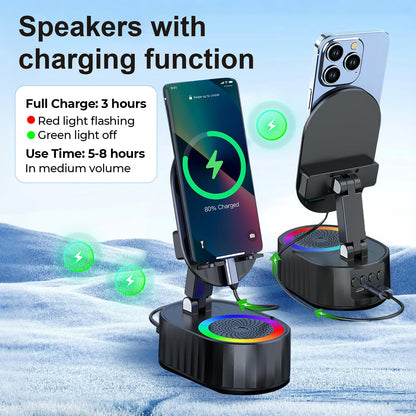 5-in-1 Induction Phone Speaker Stand with Wireless Music Playback, Charging Dock, Bluetooth Option & Colorful Ambient Light.