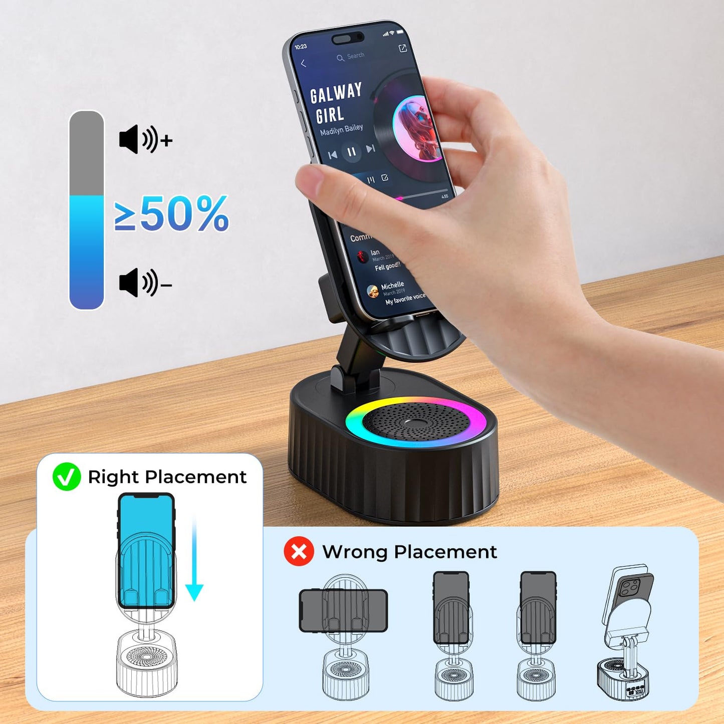 5-in-1 Induction Phone Speaker Stand with Wireless Music Playback, Charging Dock, Bluetooth Option & Colorful Ambient Light.