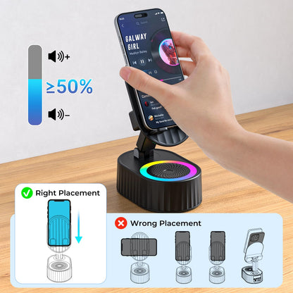 5-in-1 Induction Phone Speaker Stand with Wireless Music Playback, Charging Dock, Bluetooth Option & Colorful Ambient Light.