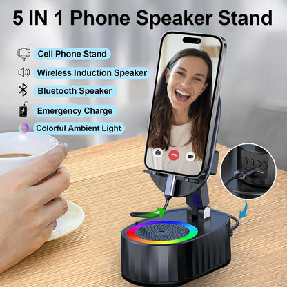 5-in-1 Induction Phone Speaker Stand with Wireless Music Playback, Charging Dock, Bluetooth Option & Colorful Ambient Light.