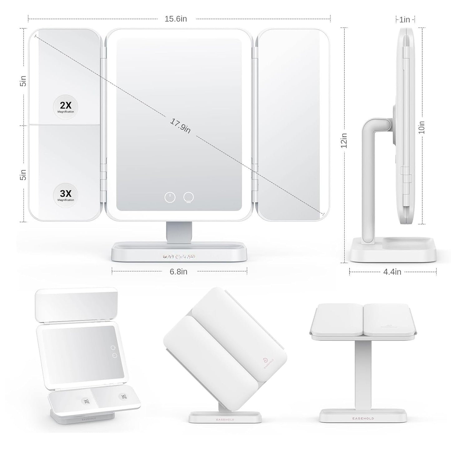 Trifold Makeup Mirror with Natural LED Lights, Touch Screen, Rechargeable, 3 Light Modes and Adjustable Brightness, Portable LED Travel Vanity Mirror.