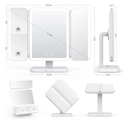 Trifold Makeup Mirror with Natural LED Lights, Touch Screen, Rechargeable, 3 Light Modes and Adjustable Brightness, Portable LED Travel Vanity Mirror.