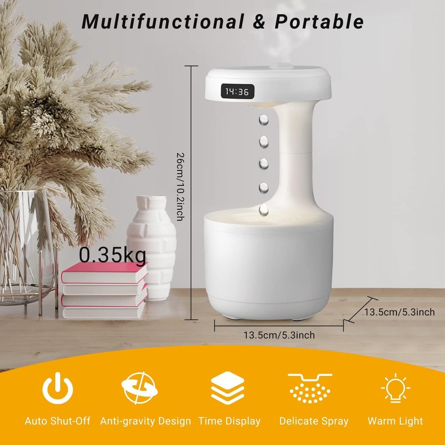 Anti-Gravity Cool Mist Humidifier – 800ml Desktop Air Humidifier with LED Clock Display, Water Drop Design, Silent Operation, Night Light for Bedroom, Home & Office – Best Gift for Summer