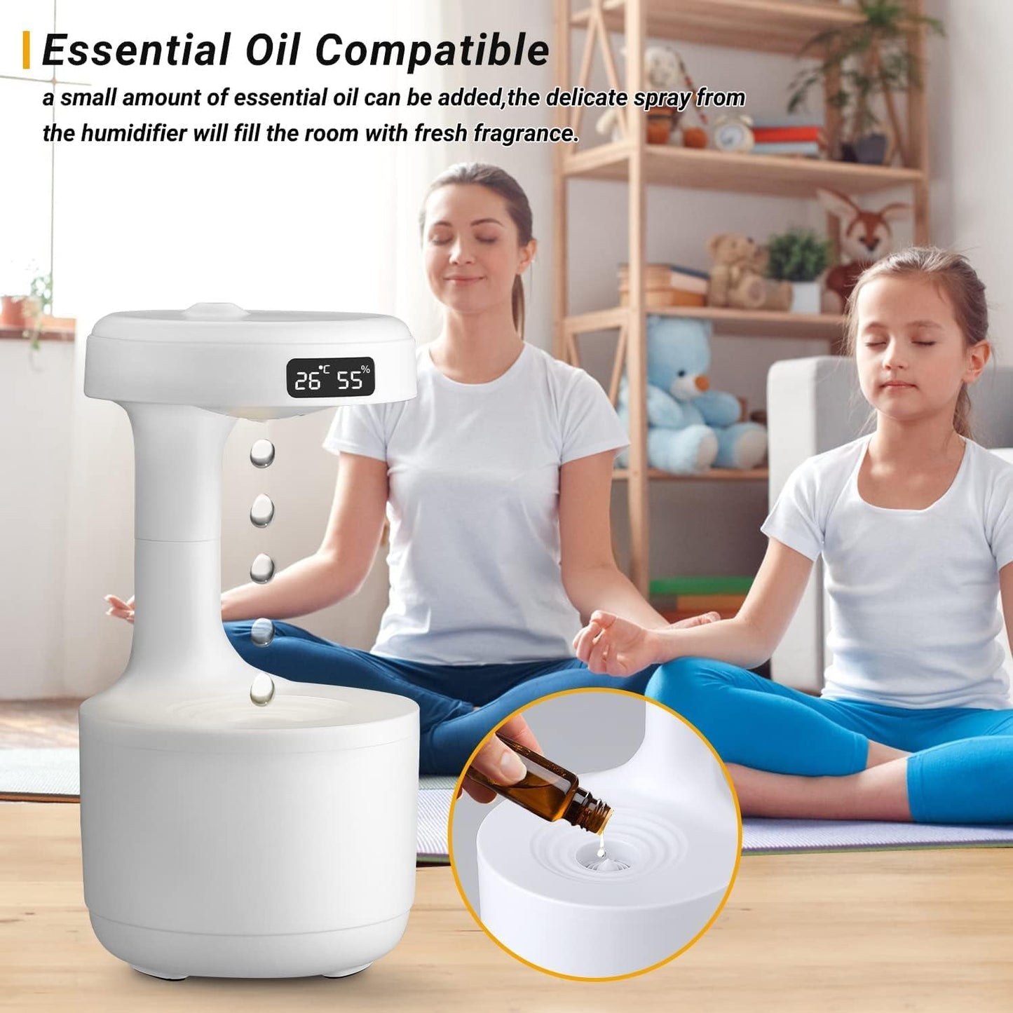 Anti-Gravity Cool Mist Humidifier – 800ml Desktop Air Humidifier with LED Clock Display, Water Drop Design, Silent Operation, Night Light for Bedroom, Home & Office – Best Gift for Summer