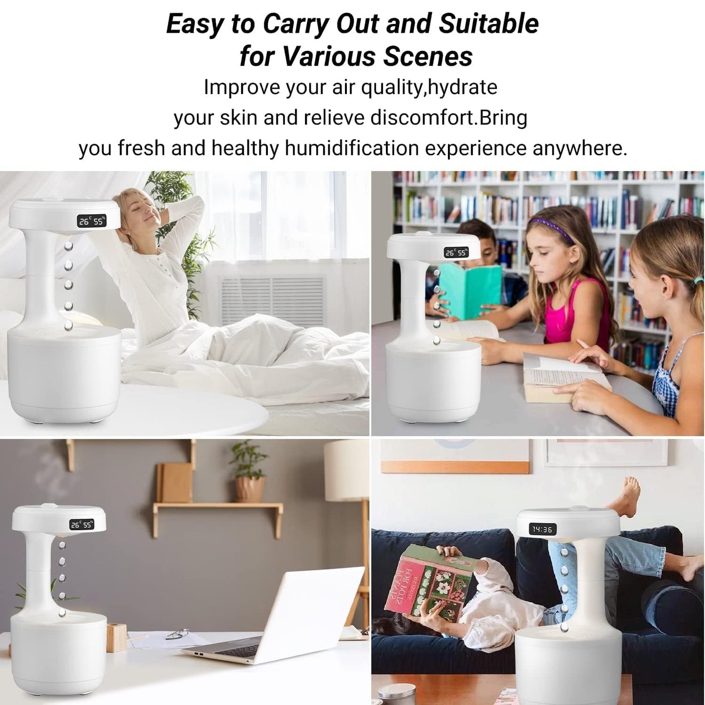 Anti-Gravity Cool Mist Humidifier – 800ml Desktop Air Humidifier with LED Clock Display, Water Drop Design, Silent Operation, Night Light for Bedroom, Home & Office – Best Gift for Summer