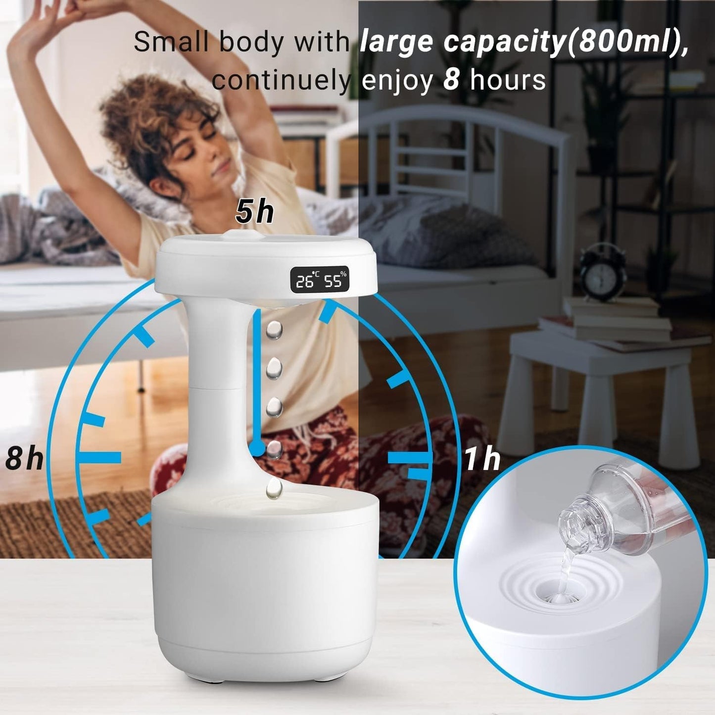 Anti-Gravity Cool Mist Humidifier – 800ml Desktop Air Humidifier with LED Clock Display, Water Drop Design, Silent Operation, Night Light for Bedroom, Home & Office – Best Gift for Summer