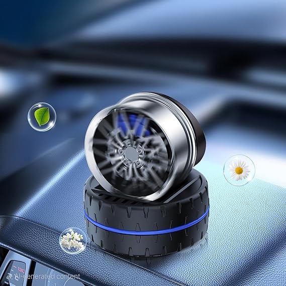 Solar Rotating Car Dashboard Air Freshener/Perfume Diffuser | Metal Body & Alloy Wheel Hub Design with Perfume Liquid for Car Interior Decoration Accessories